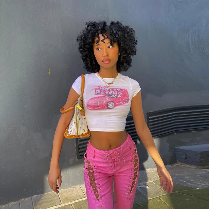 Kawaii Pink Anime Print Slim Fit Crop Top