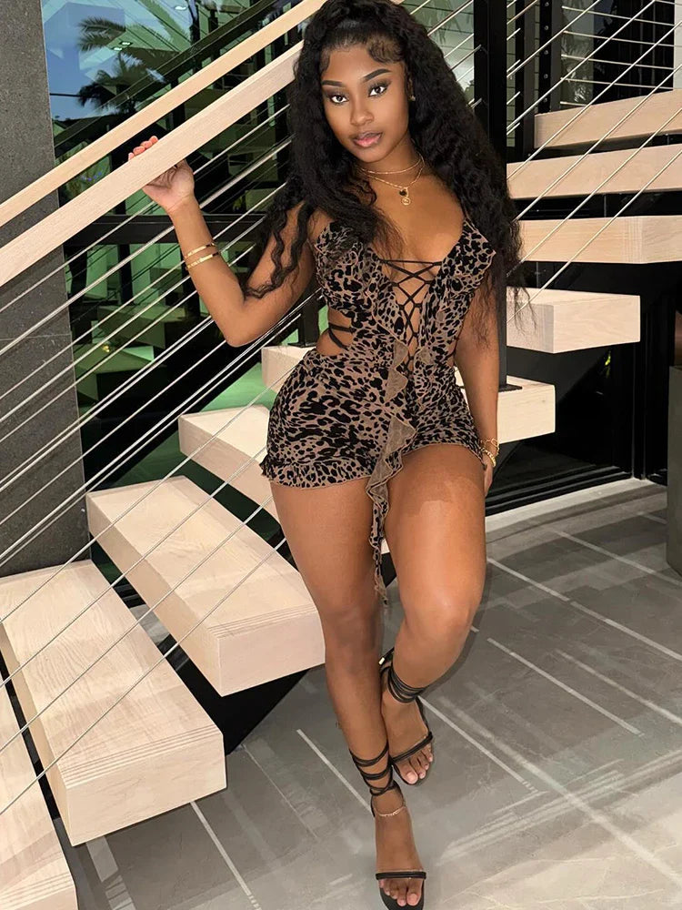 Leopard Flocking Tassel V-neck Romper