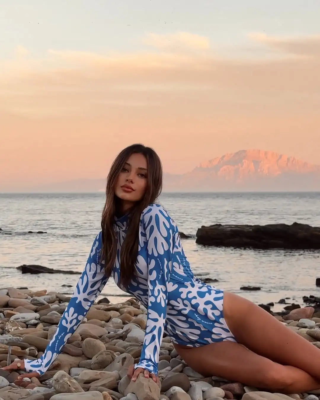 New Long Sleeve Zipper Print Vintage Surf One Piece Swimwear