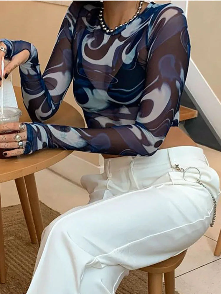 Mesh Print Long Sleeve Pullover Sheer Top