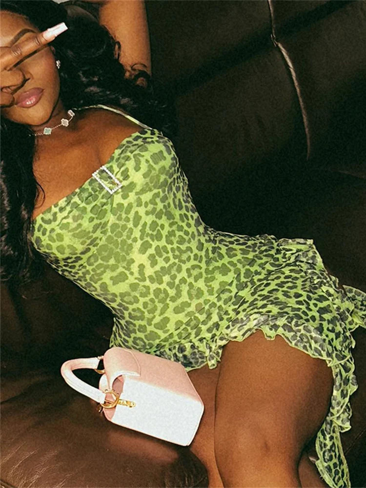 Ruffle Buckle Slip Leopard Print Mini Dress