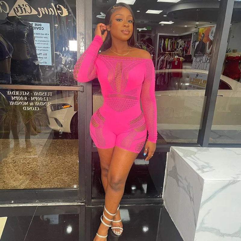 Hollow Out Rose Red Long Sleeve Romper