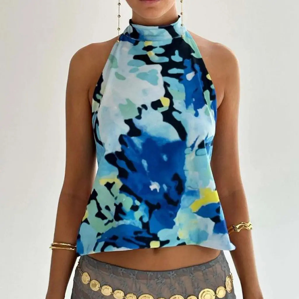 Y2K Button Closure Halter Backless Tie-Dye Cami Top