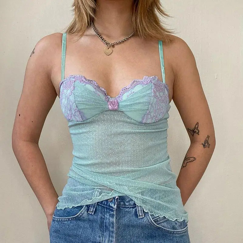 Y2K Frill Lace Trim Mesh Sheer Top