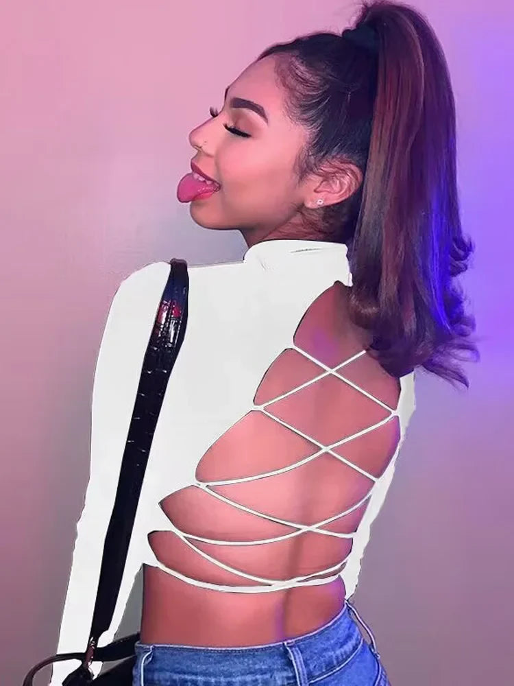 Hollow Out Long Sleeve Bandage Crop Top