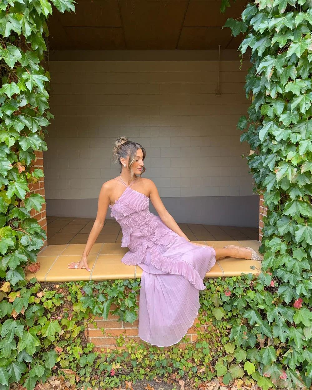 Purple Halter Pleated Prom Dress