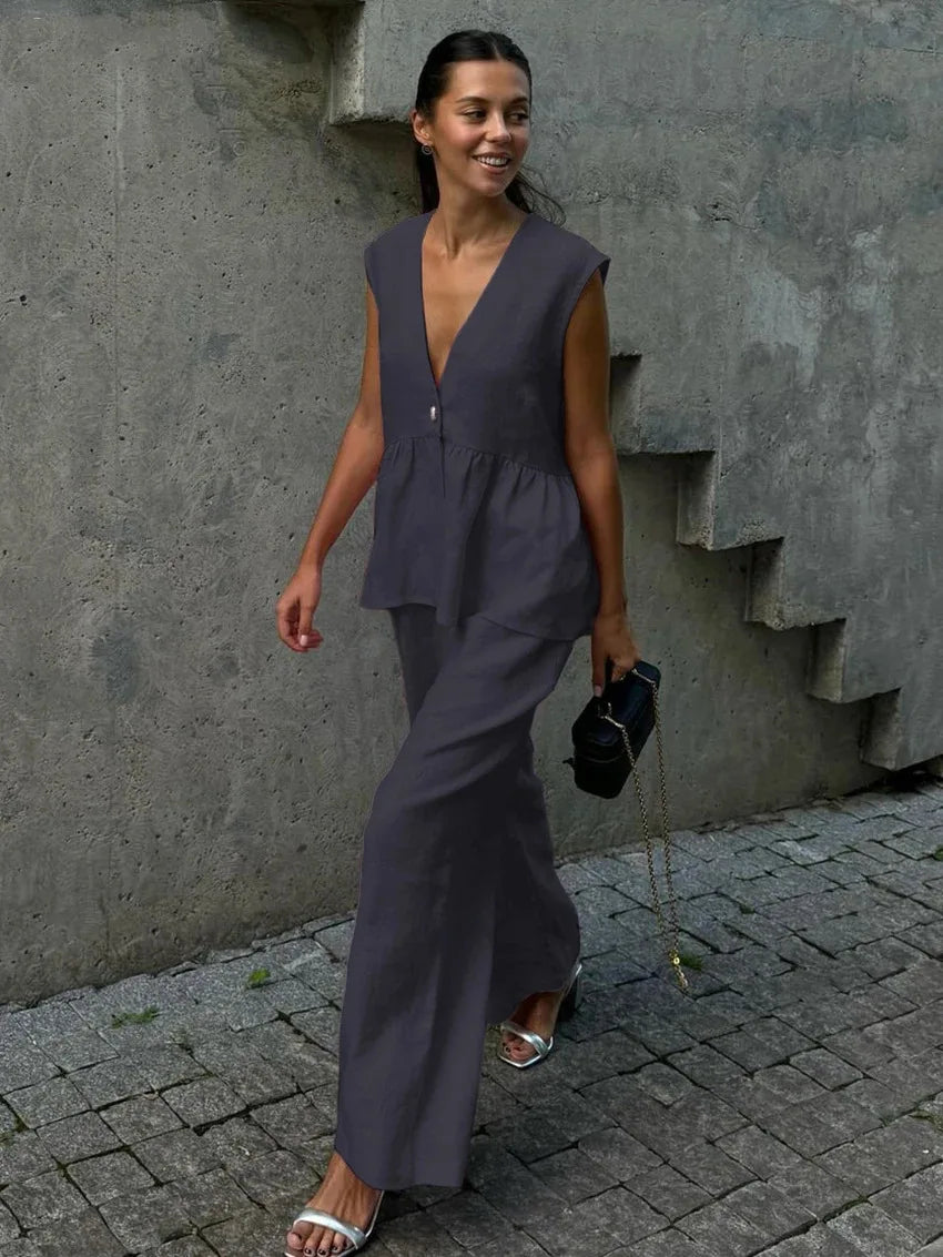 Pink Cotton Linen Ruffles Two Piece Pants Set