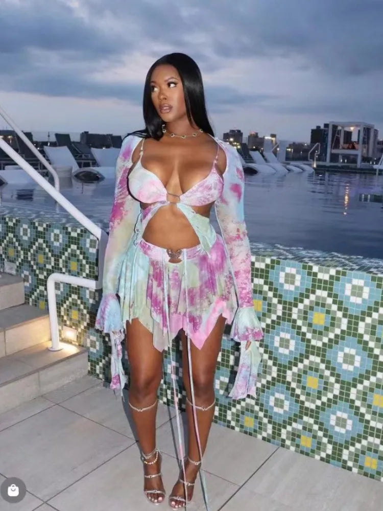 Tie Dye Irregular Butterfly Crop Skirt Streetwear Two Piece Skirt Set