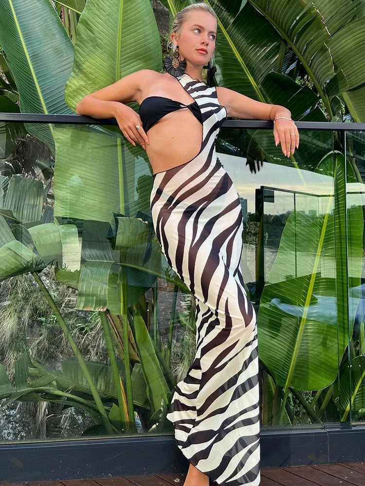 Striped Hollow Out Mesh Maxi Dress