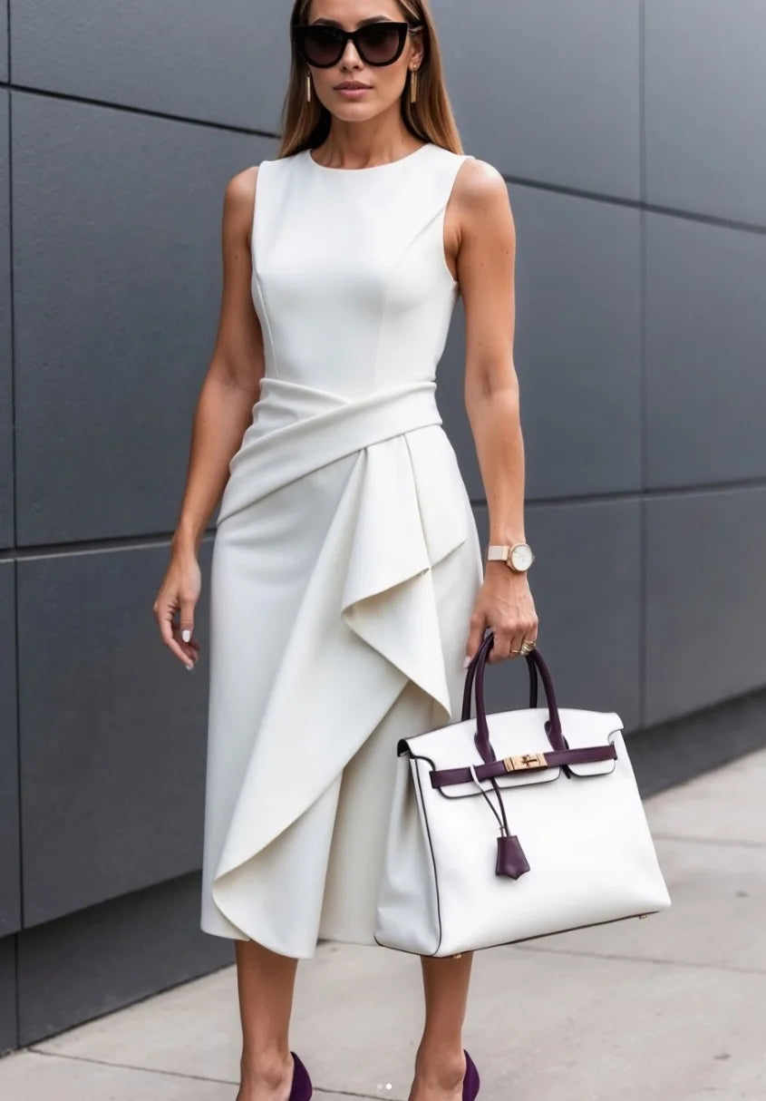 Solid Waisted Sleeveless Asymmetrical Long Work Dress