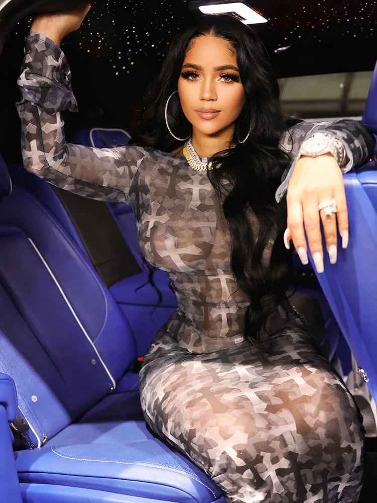 Mesh Print Colorblock Sheath Midi Dress