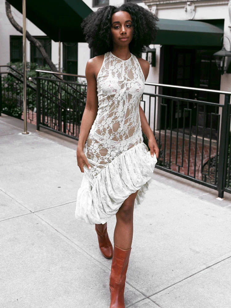 Lace See Through Ruffle Midi Dress