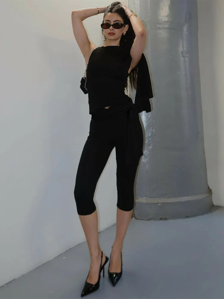 Lace-up Capri Crop Two Piece Pants Set