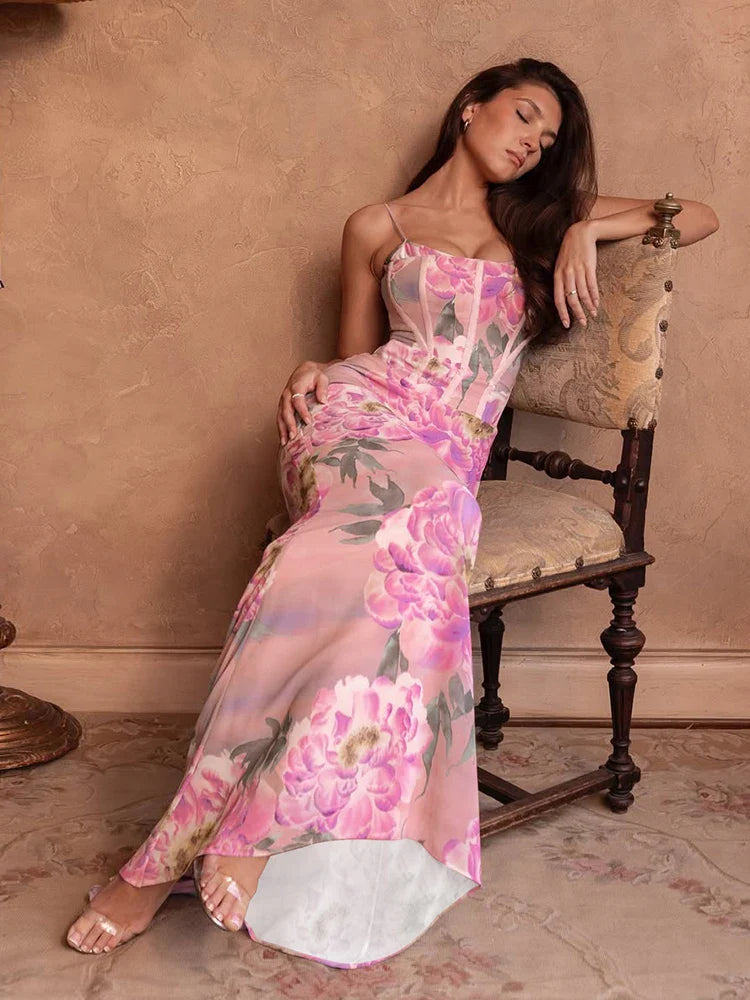 Halter Dot Slim Backless Floral Dress