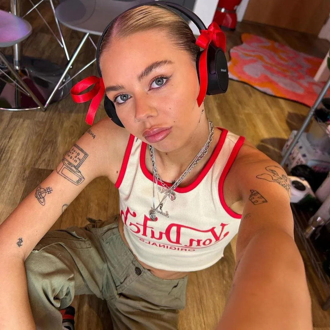 Retro Wooden Ear Logo Slim Thread Elastic Cami Top