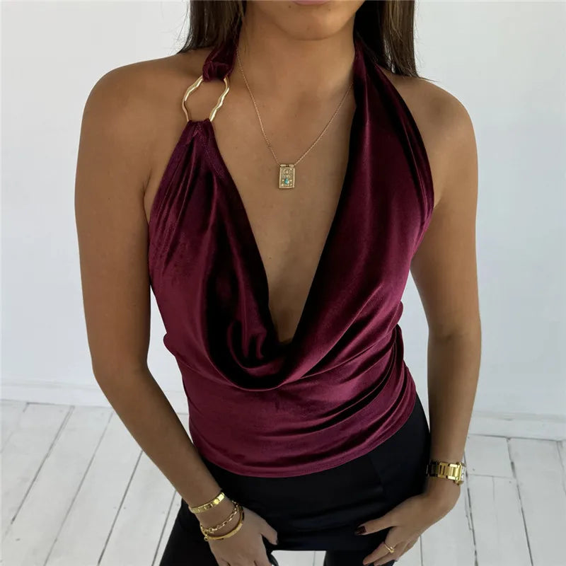 Velvet Y2K Halter Backless Swing Collar Cami Top