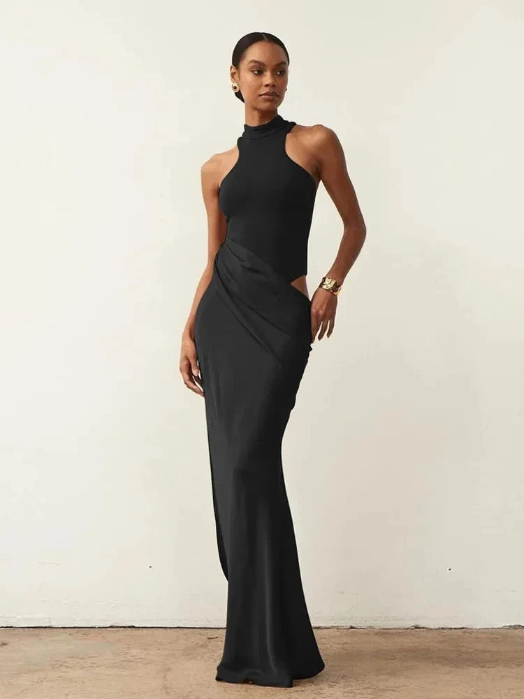 Satin Hollow Out Black Maxi Dress