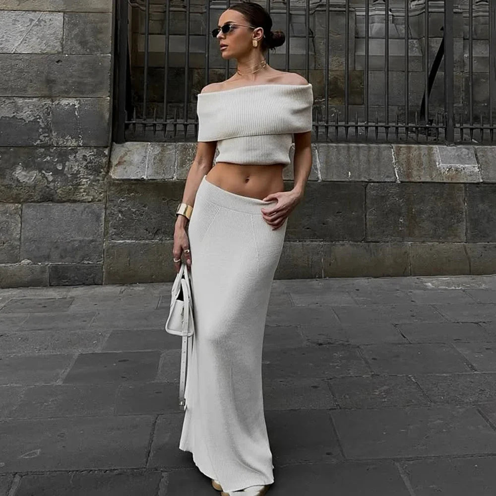 One Shoulder Slit Skirt Knit Set