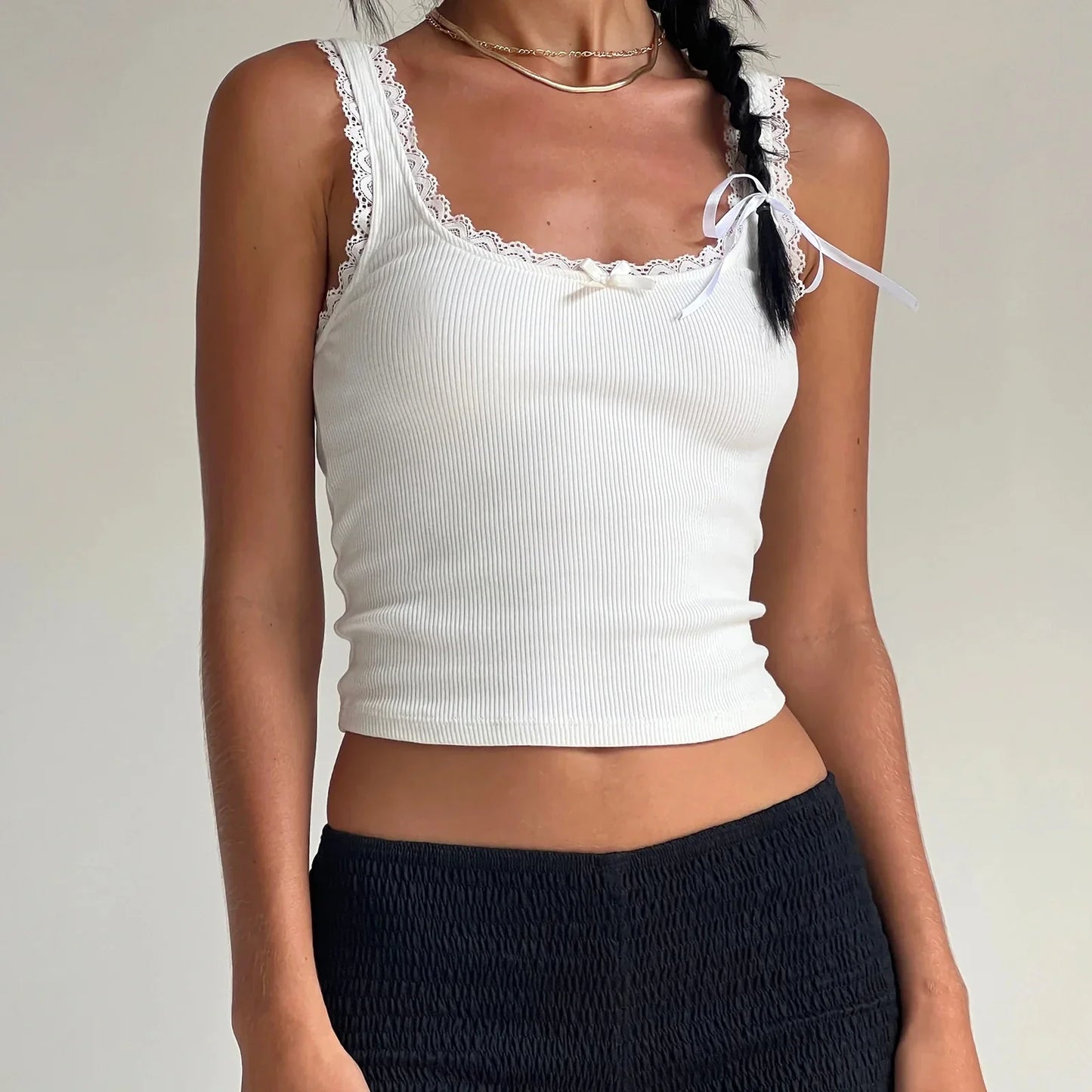 Summer Lace Trim Ribbed Slim Cami Top