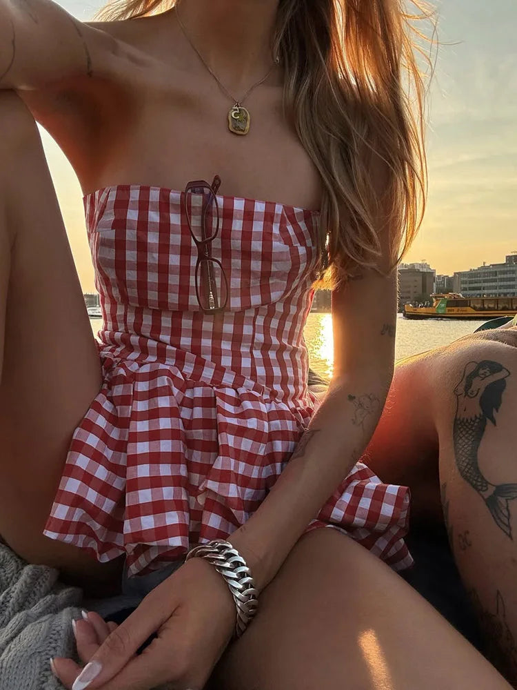 Red Checkered Pleated Fluffy Strapless