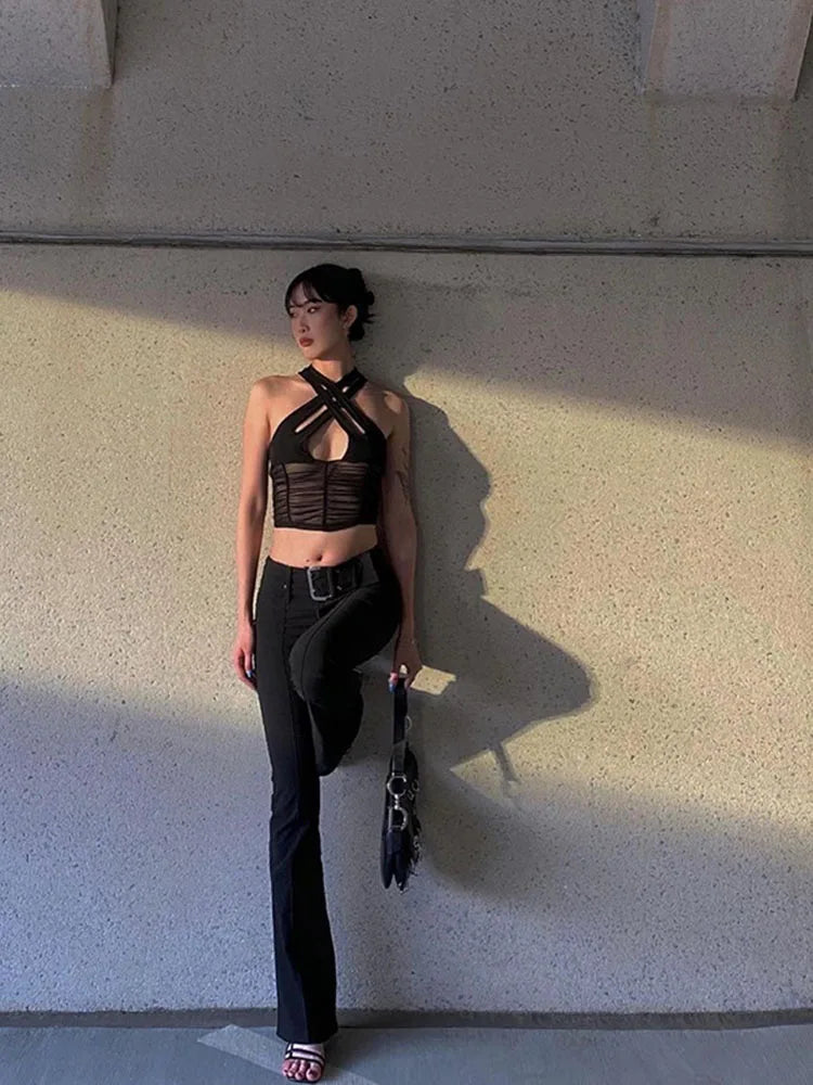 Sexy Hollow Halter Ruched Patchwork Mesh Cami Top