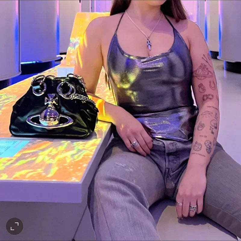 Solid Slim Fit Backless Y2K Lace-up Cami Top