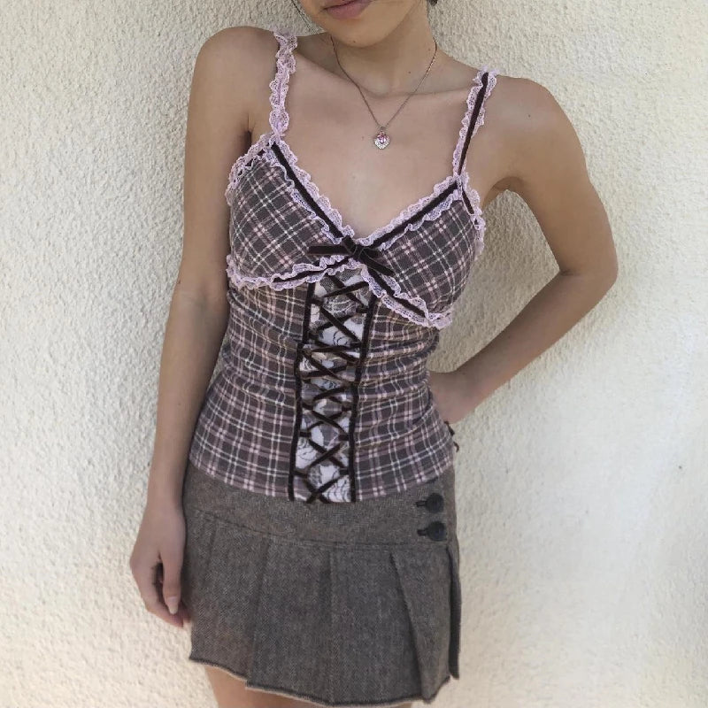 Patchwork Plaid Lace V-neck Cami Top