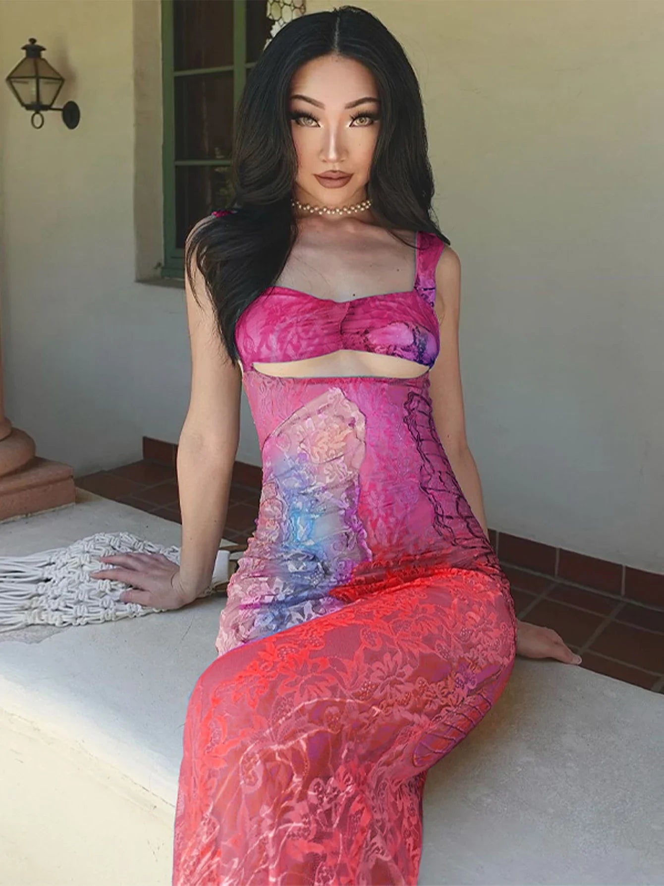 Lace Cut Out Bandage Maxi Floral Dress