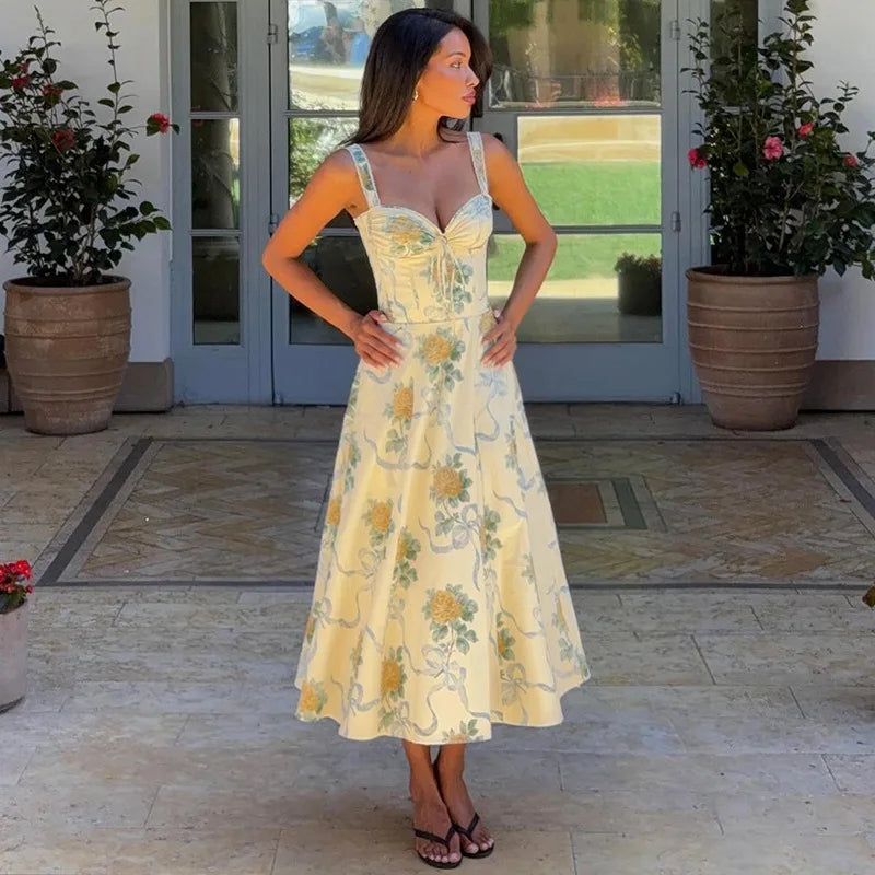 Pleated Print A-line Spaghetti Summer Dress