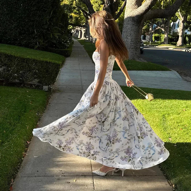 Pleated Print A-line Spaghetti Summer Dress