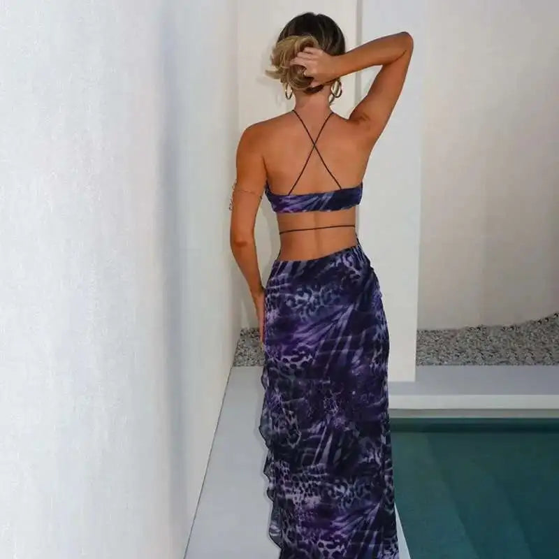 Ruffled Print Backless Midi Long Summer Dress