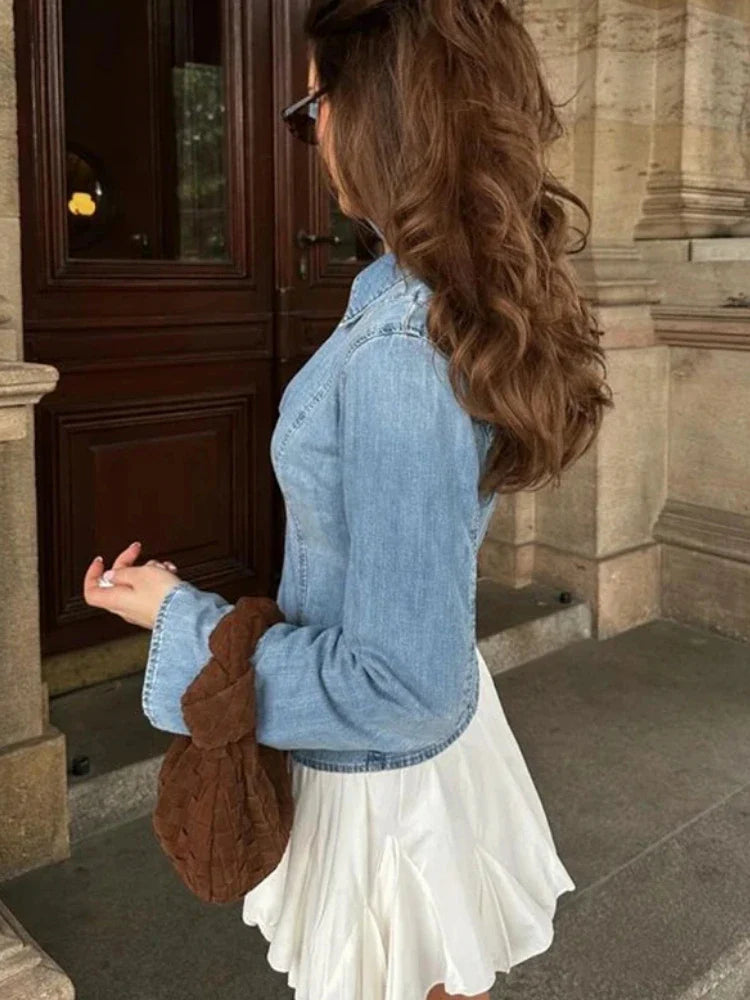 Bow Tie Lace Up Denim Slim Fit Flare Blouse