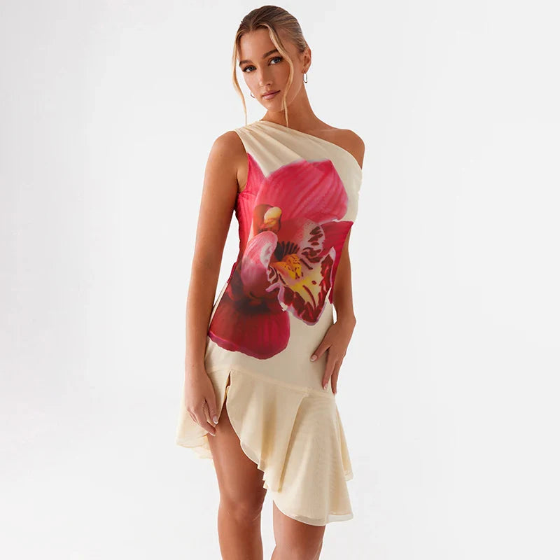 One Shoulder Slit Hem Floral Dress