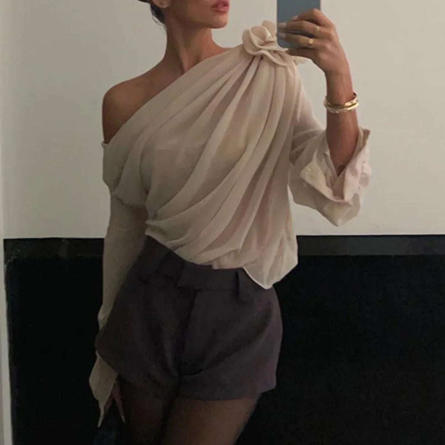 Chiffon One Shoulder Ruched Lantern Sleeve Blouse