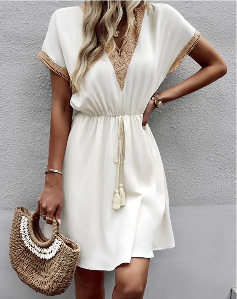 Lace V-Neck Panel Short Sleeve Midi Dress