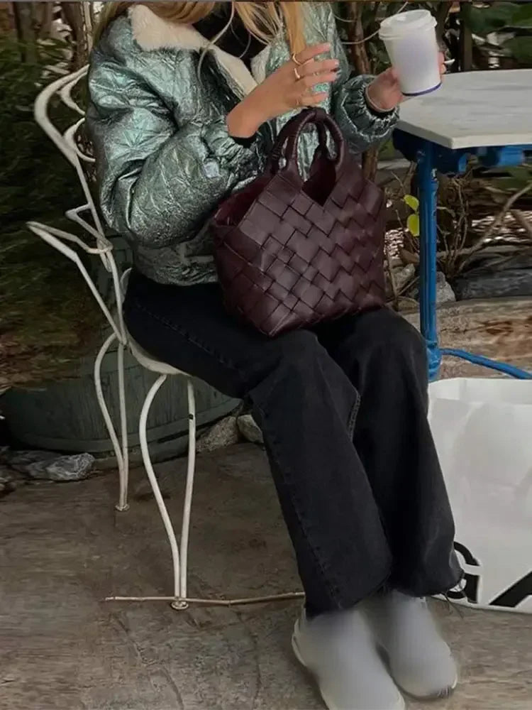 Vintage Lapel Wool Leather Patchwork Elegant Short Winter Warm Coat