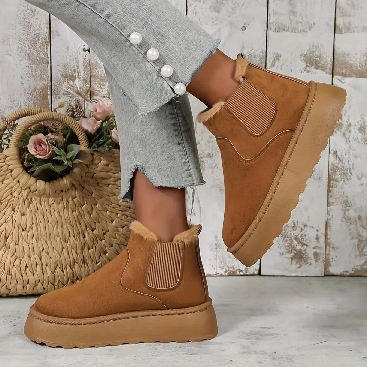 Winter Women Short Plush Warm Snow Boots Casual Shoes New Suede Fur Chelsea Ankle Boots Flats Platform Ladies Shoes Botas