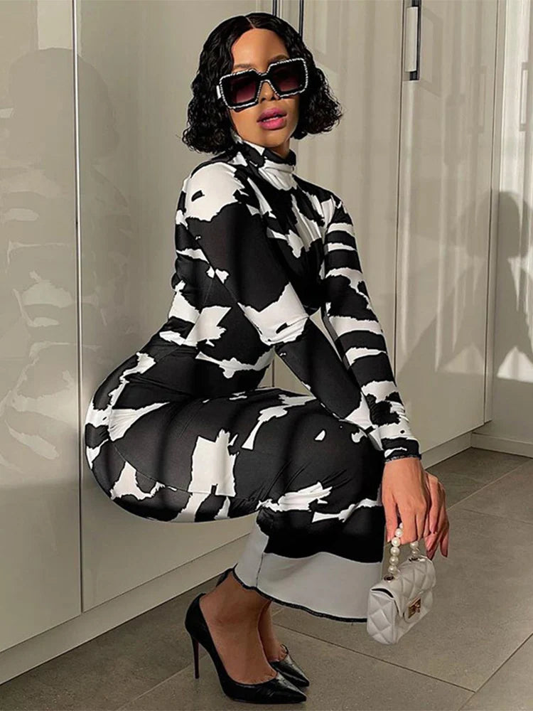 Printed Long Sleeve Pencil Midi Dress