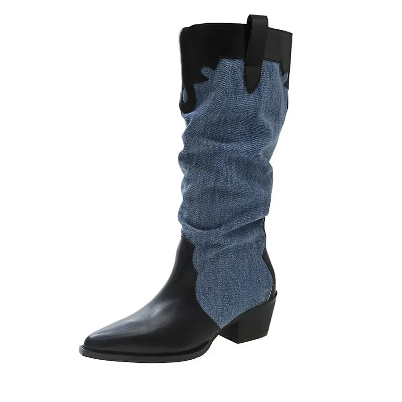 Women New Fashion Denim Vintage Pointed Pleated Platform Knee High Boots
