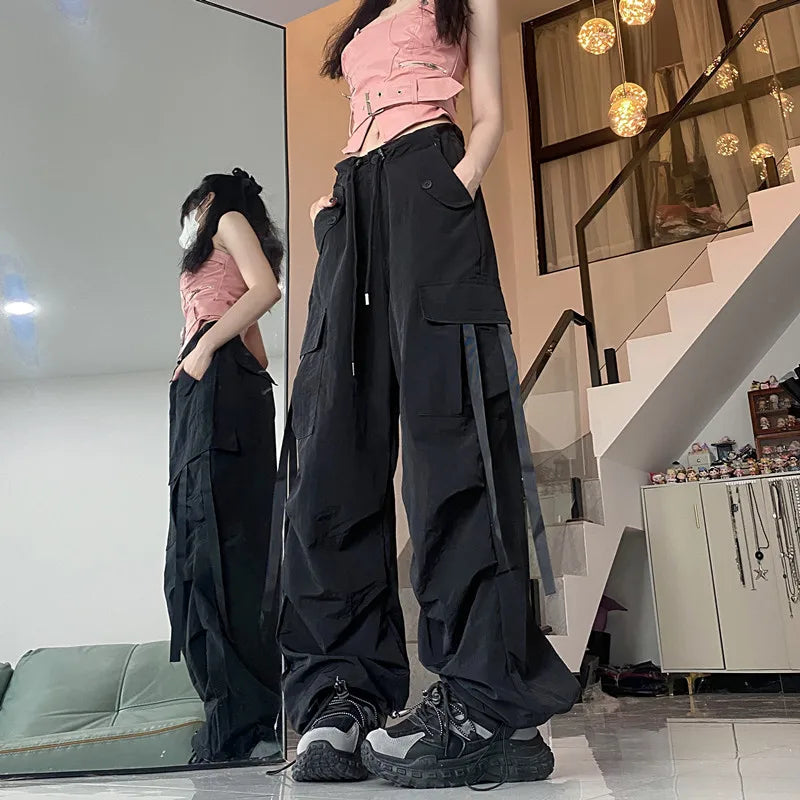 Khaki Straight Baggy Wide Leg High Waist Drawstring Sweatpants