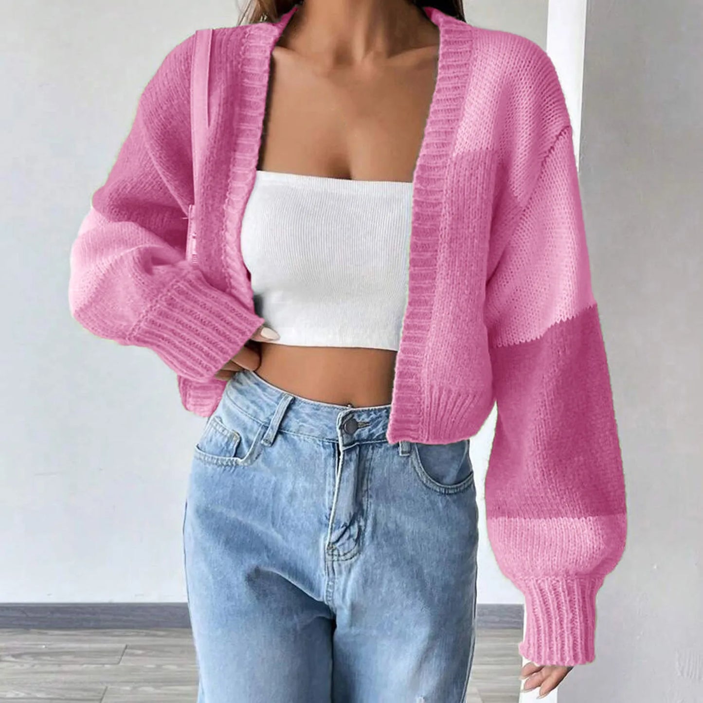 Short Open Color Block Checkered Casual Crochet Cardigan Sweater