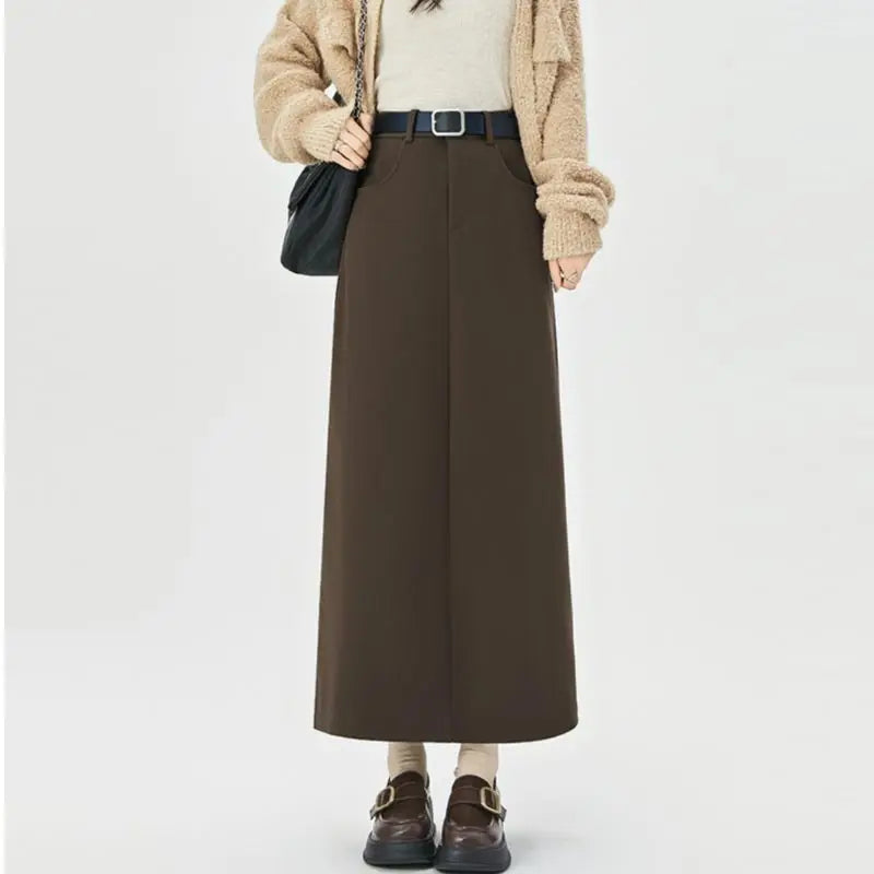 Woolen Autumn Winter High-waist Slim Fit Straight Hip-hugging Skirt