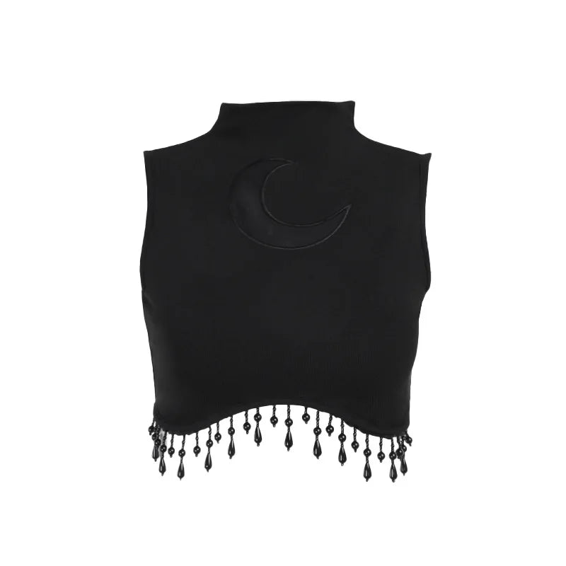 Y2K Goth Moon Lace See Through Vintage Sexy High Collar Sleeveless Tassels Crop Top