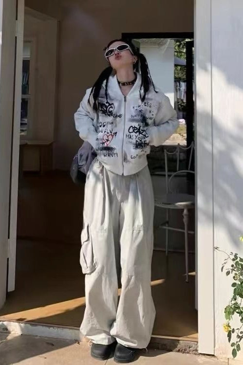 Gray Graffiti Hooded Zip-Up Cropped Hoodie