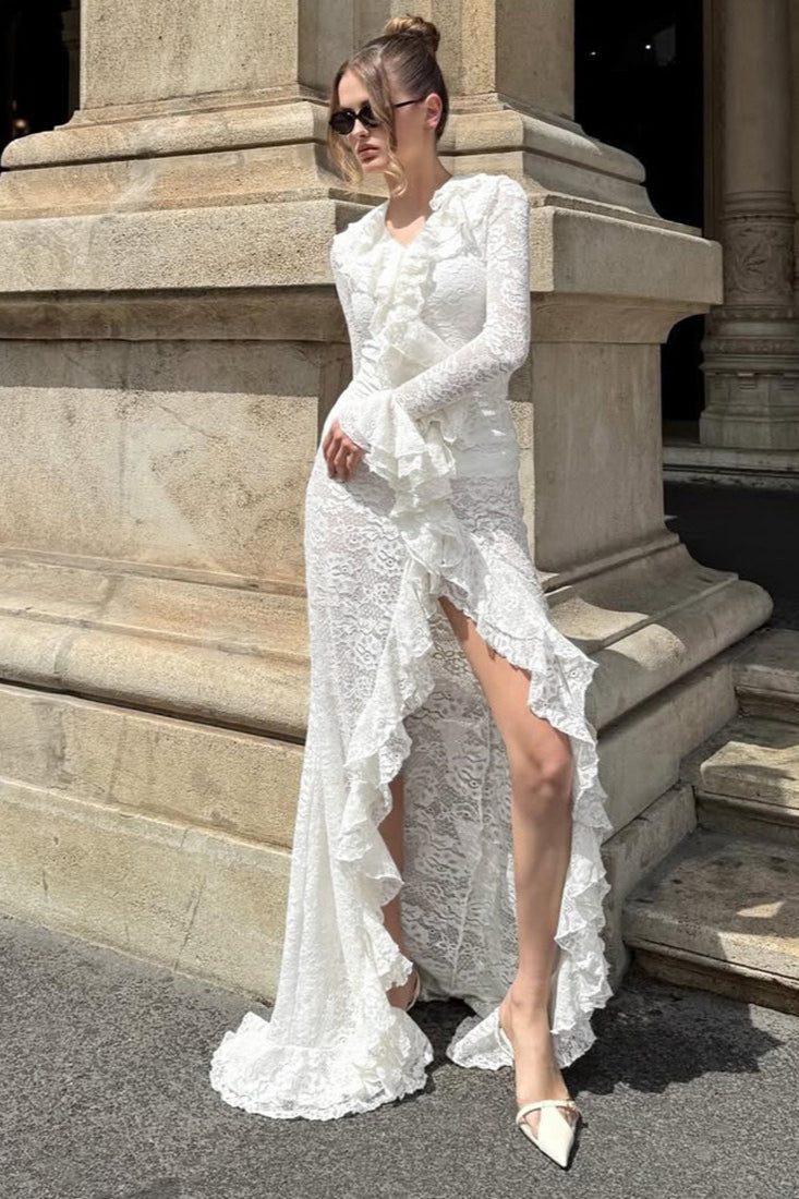 Sheer Panel Fluted Sleeve Party Dress