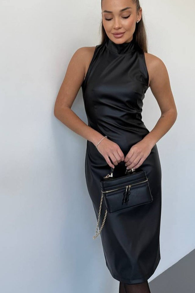 Elegant Sleeveless Stand Up Collar PU Leather Solid Color Slit Cocktail Dress