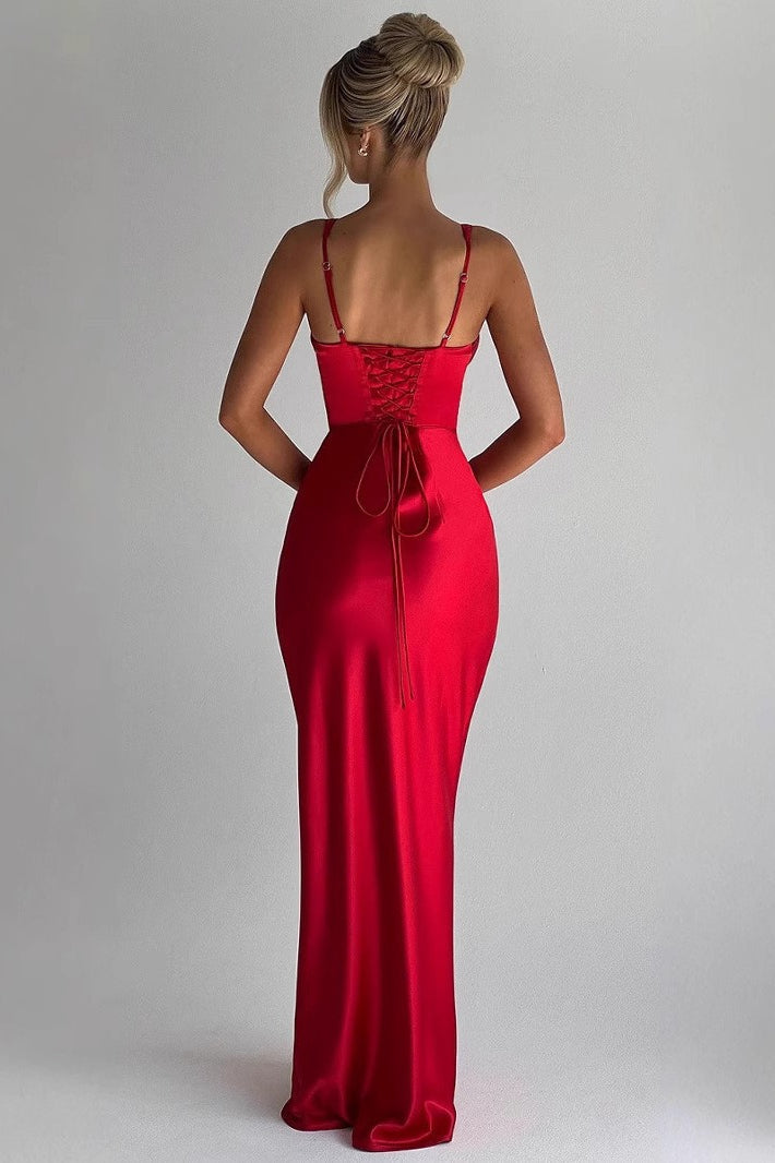 Sexy V-Neck Bone Structure Satin Backless Silk Dress