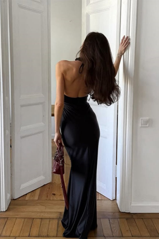 Chic Textured Slim Elegant Halter Waist Bodycon Formal Dress