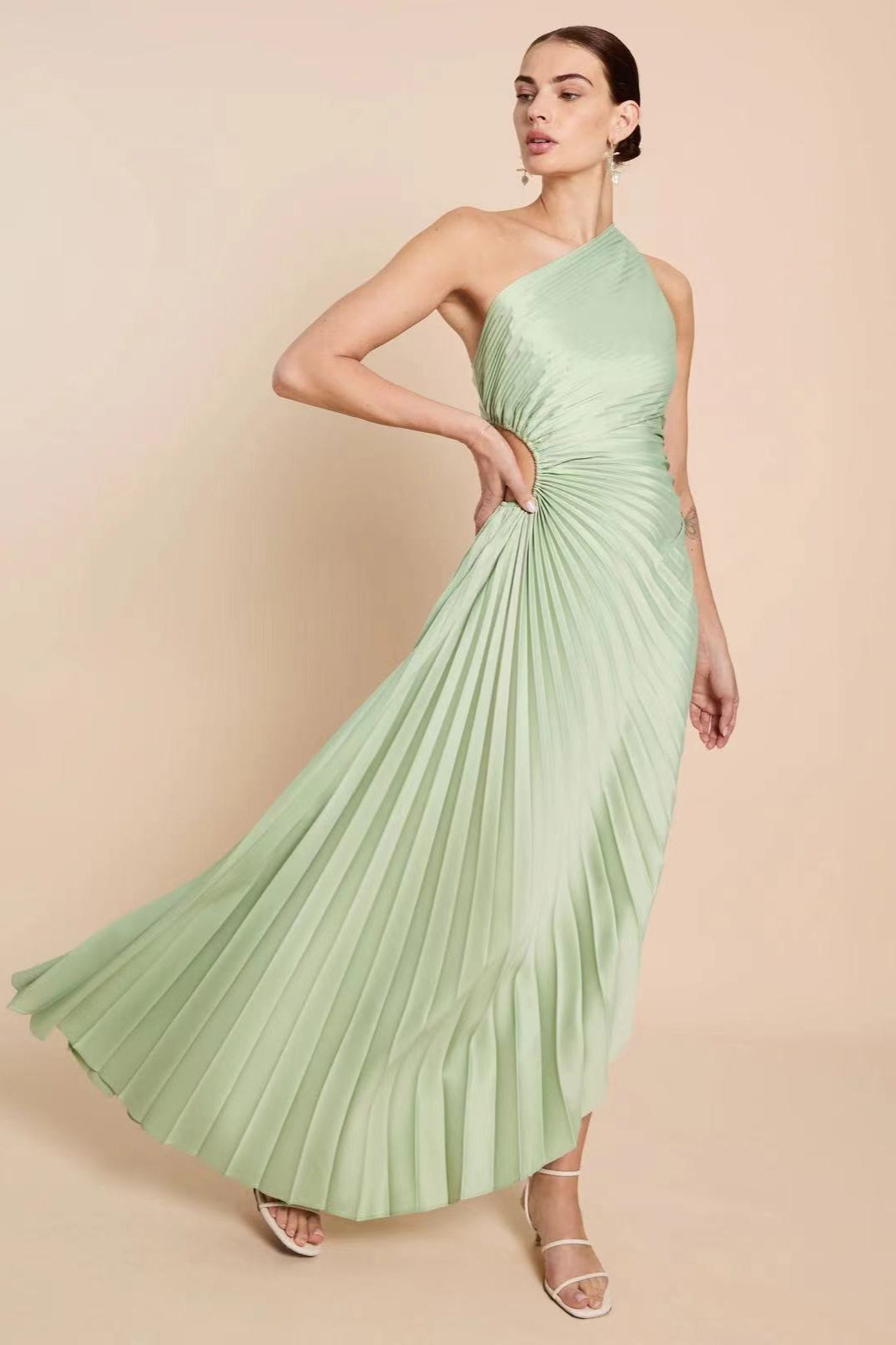 Ruched Satin One-Shoulder Cut-Out Party Silk Dress