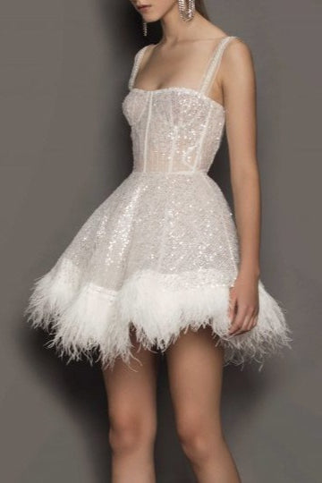 Sexy Feather Sequin Tube Top Spaghetti Strap Sequin Dress
